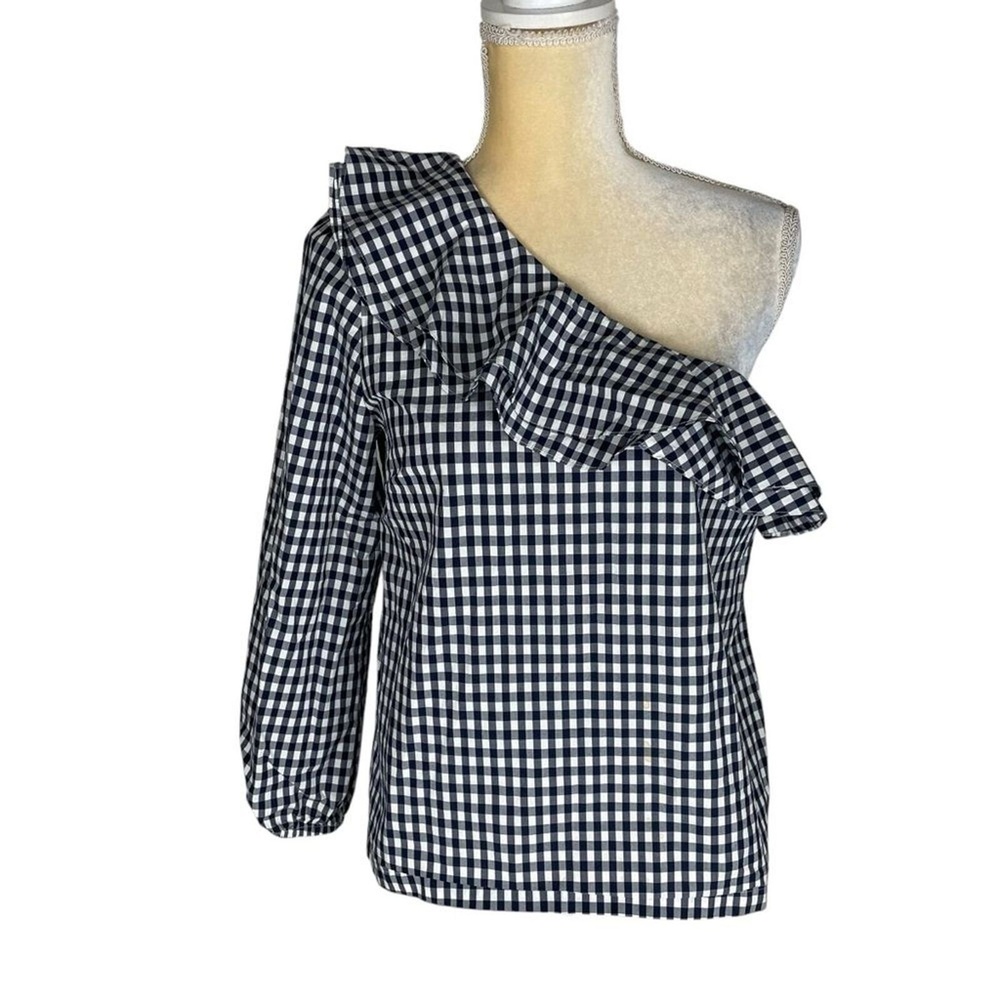 J.Crew Navy Gingham‎ One Shoulder Top Blouse Ruffle Size 6
